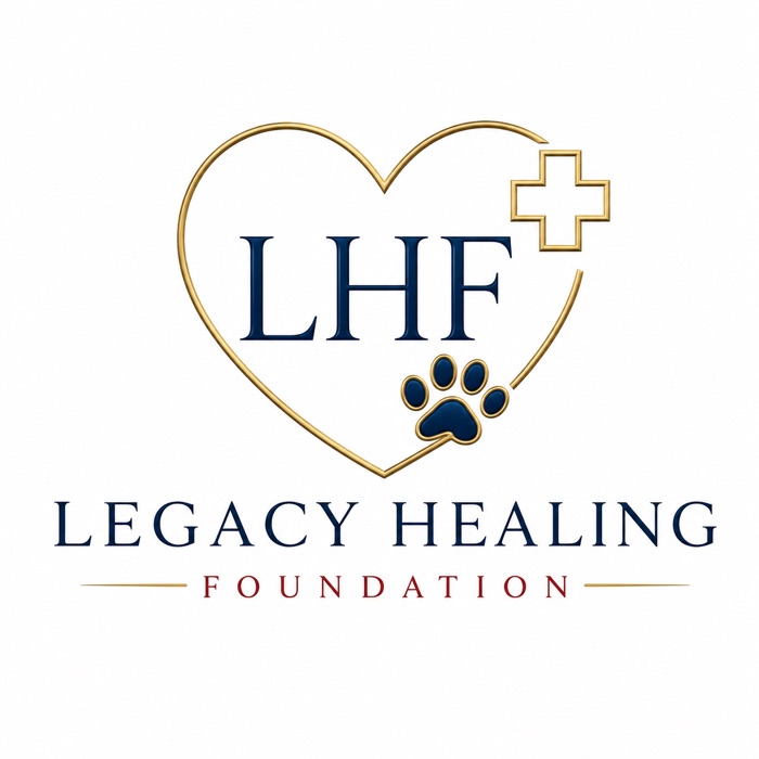 Legacy Healing Foundation logo: the letters LHF inside a gold heart with a medical cross and a paw print.